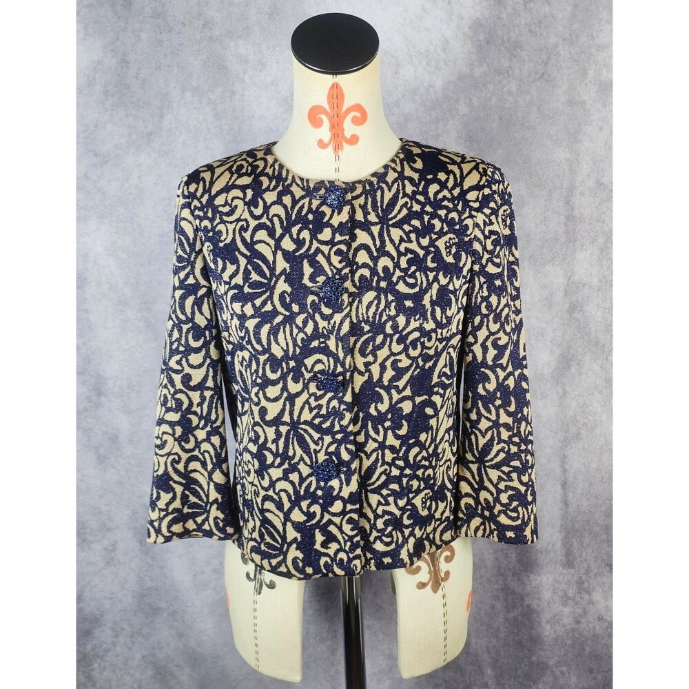 St John Boutiques Knit Evening Jacket Jeweled Buttons Navy Tan Floral Womens 4